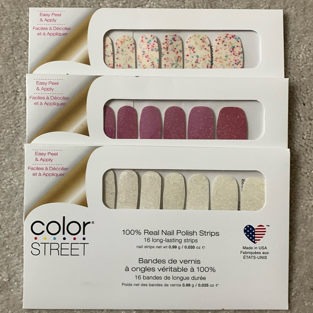 Color street dots & sparkles: Botanical Burst, Czech Me Out, Couldn’t Carat less